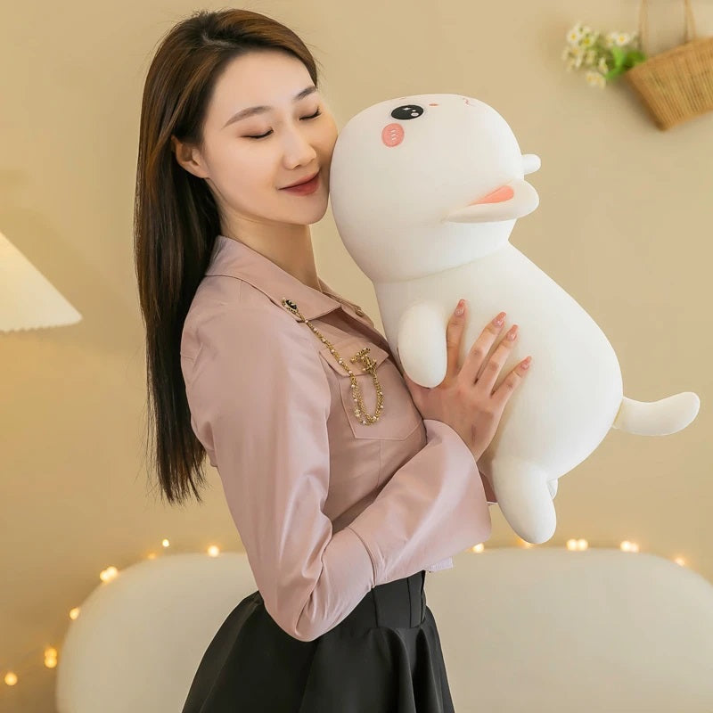Woman holding a White Open Eyes Super Squishy Kawaii Cat Plush