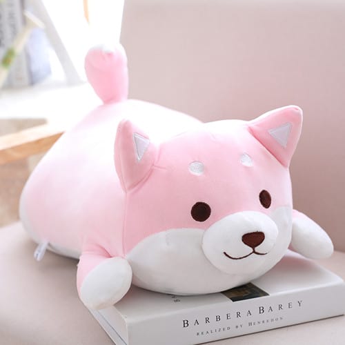 Open eyes cute pink shiba inu lying on a book