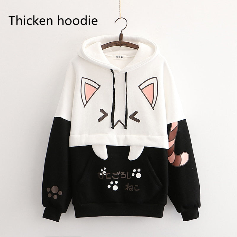 Harajuku Kawaii Cat Women Hoodies - Black Hoodie, One Size
