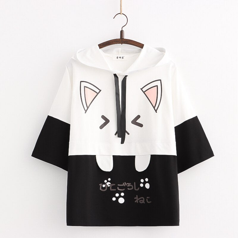 Harajuku Kawaii Cat Women Hoodies - Black Short Sleeve, One Size