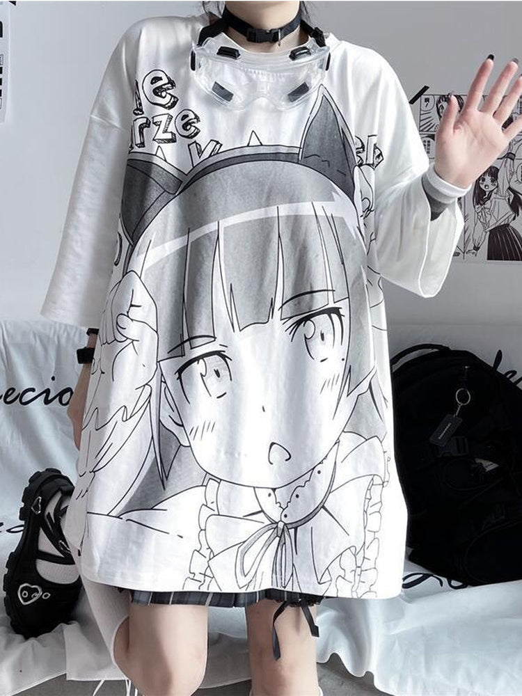 Japanese Fashion Women's Oversized Summer Top Short Sleeve