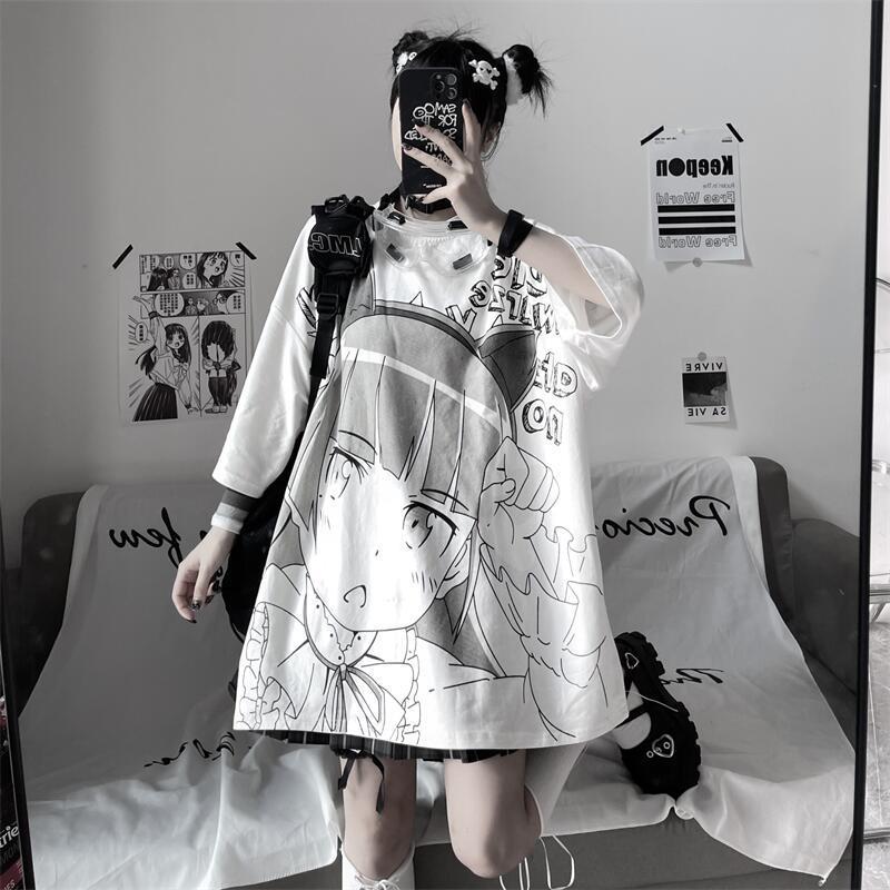 Japanese Fashion Women's Oversized Summer Top Short Sleeve - White, 2XL