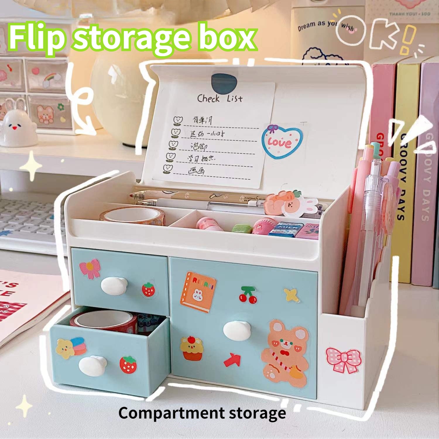 Kawaii Desktop Drawer Storage Box With Sticker Cute Plastic Clear Organizer  Boxes Student Desk Stationery Container Storage Rack
