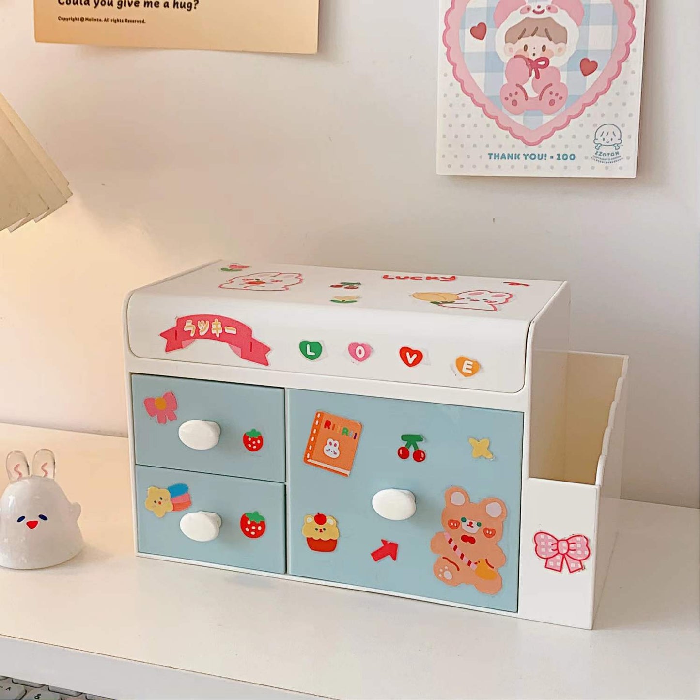 Kawaii Desktop Plastic Drawer Storage Box - Blue with Sticker