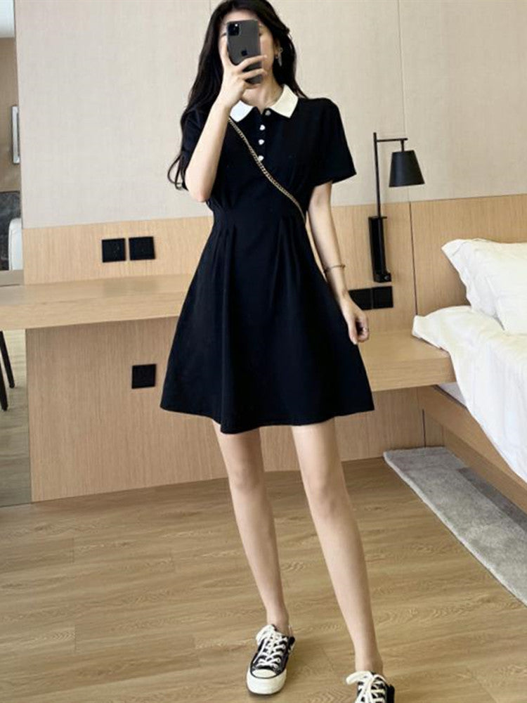 Sweet Turn-down Collar Patchwork Korean Dress