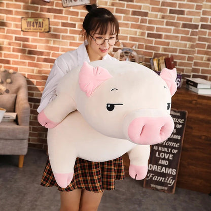 Woman carrying a squishy piggy stuffed animal