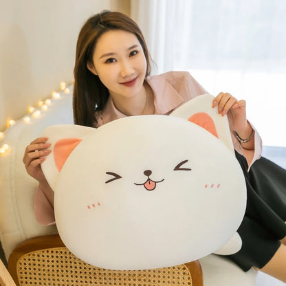 Women holding the ears of a White Closed Eyes Super Squishy Kawaii Cat Plush