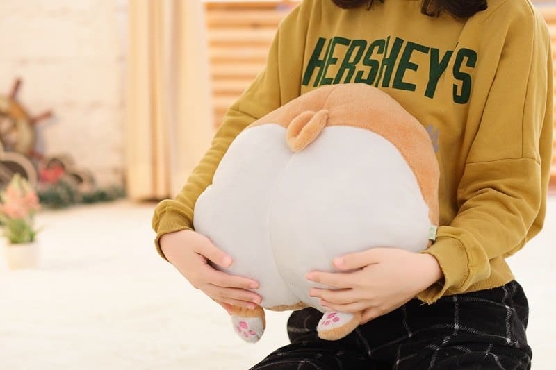 woman hugging a corgi butt plush pillow
