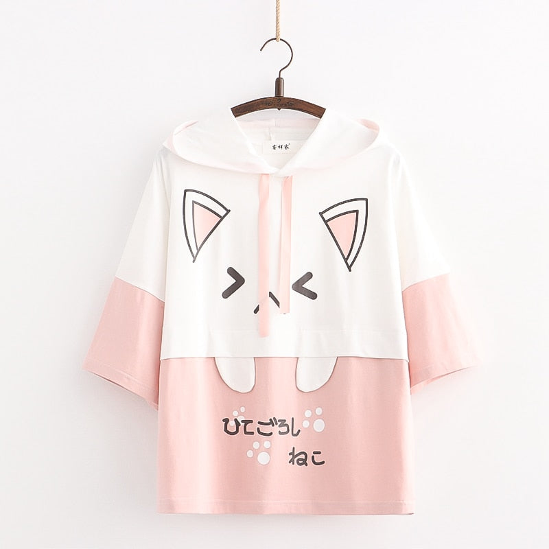 Harajuku Kawaii Cat Women Hoodies - Pink Short Sleeve, One Size
