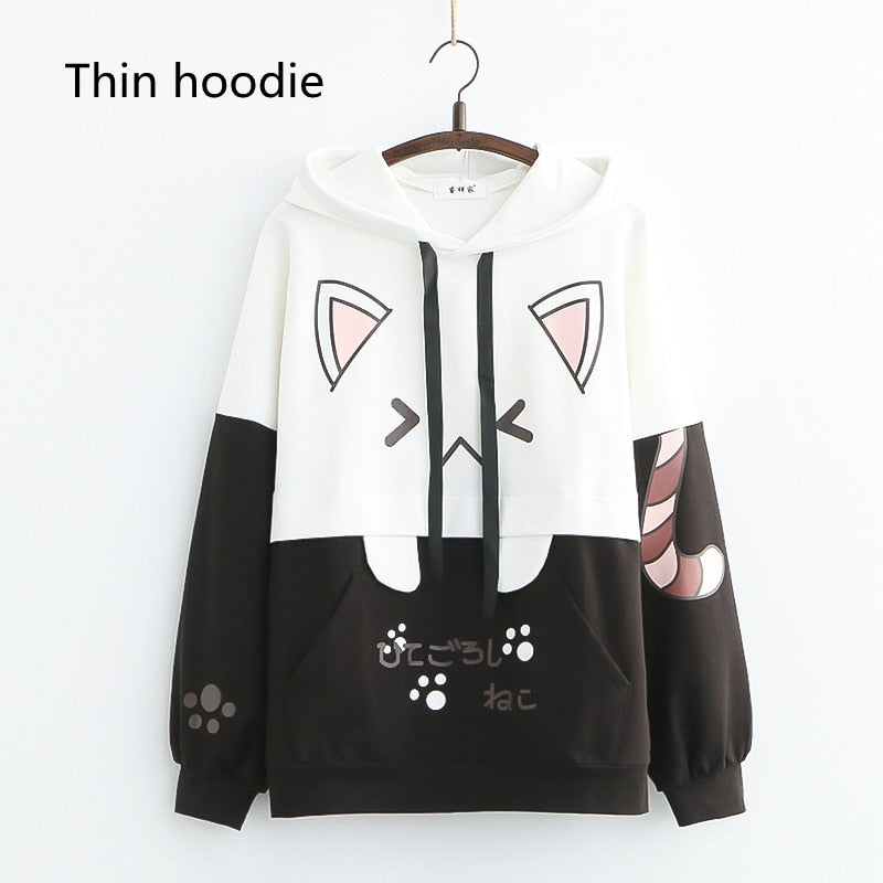 Harajuku Kawaii Cat Women Hoodies - Thin Black Hoodie, One Size