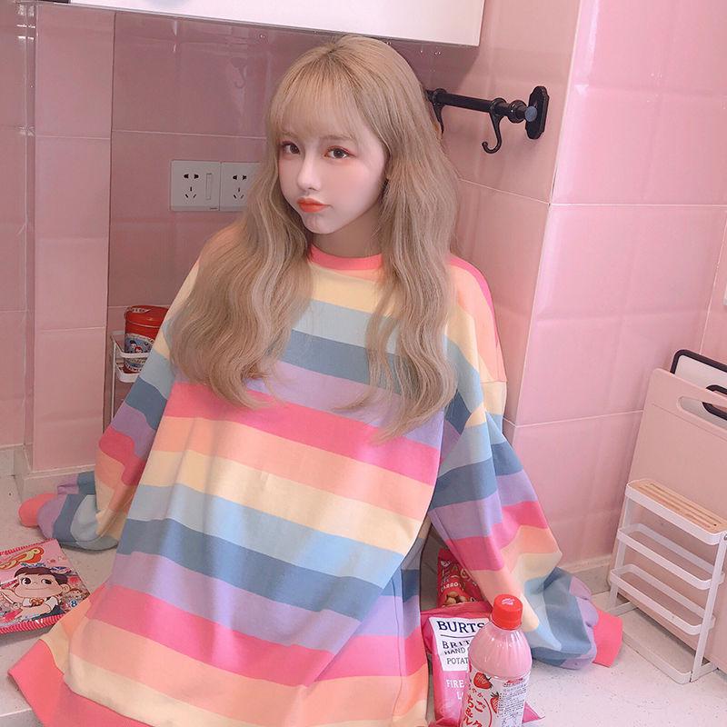 Harajuku Style Kpop Striped Loose Sweatshirt - rainbow, Large