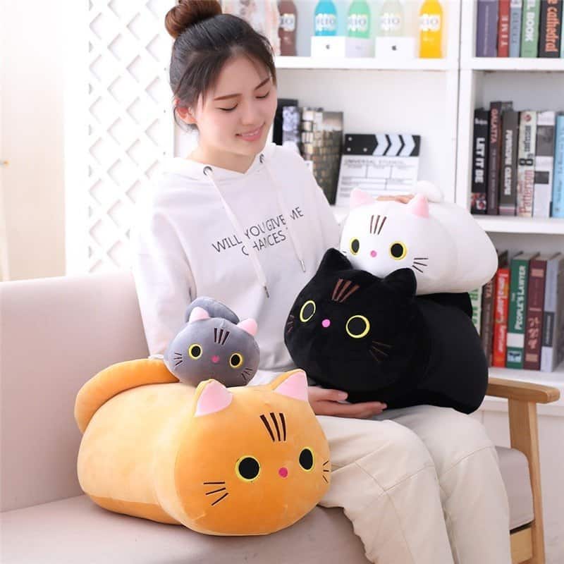 Woman with her Cute Cat Plush Pillow