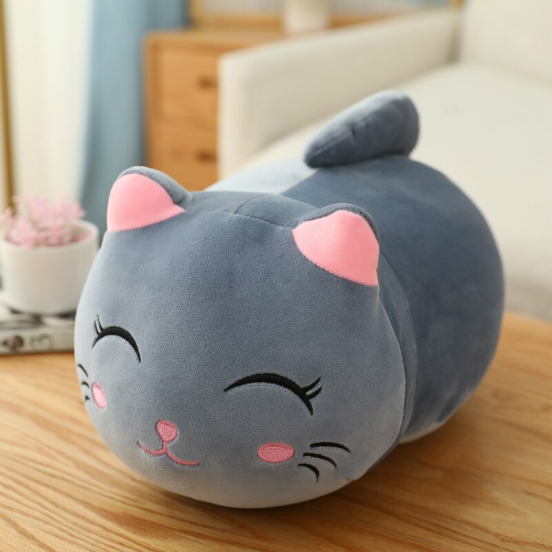 kawaii Cat Plush Pillow - 25cm, gray-smile