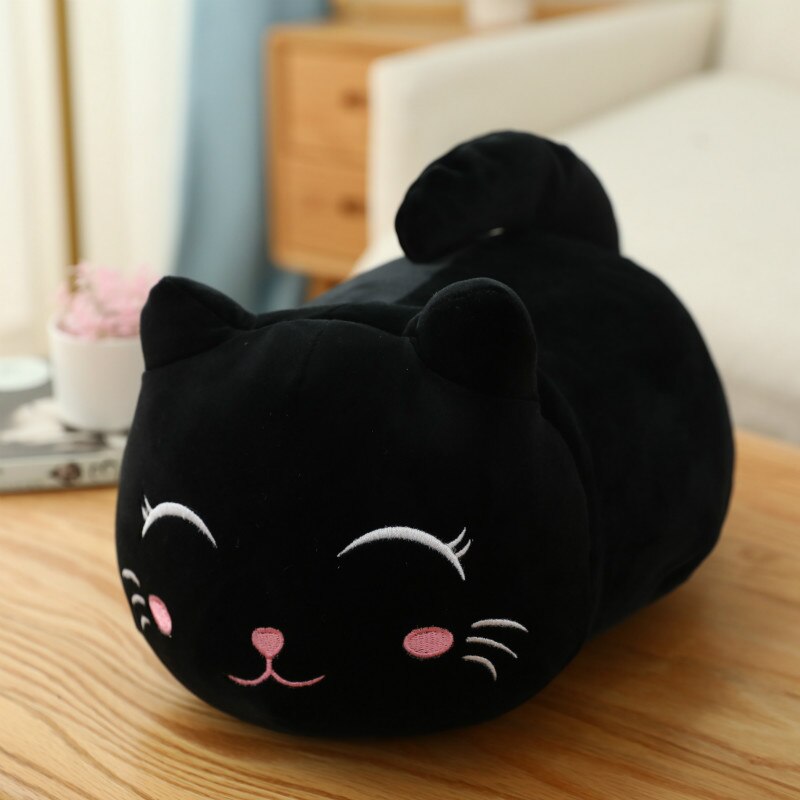 kawaii Cat Plush Pillow - 50cm, black-smile