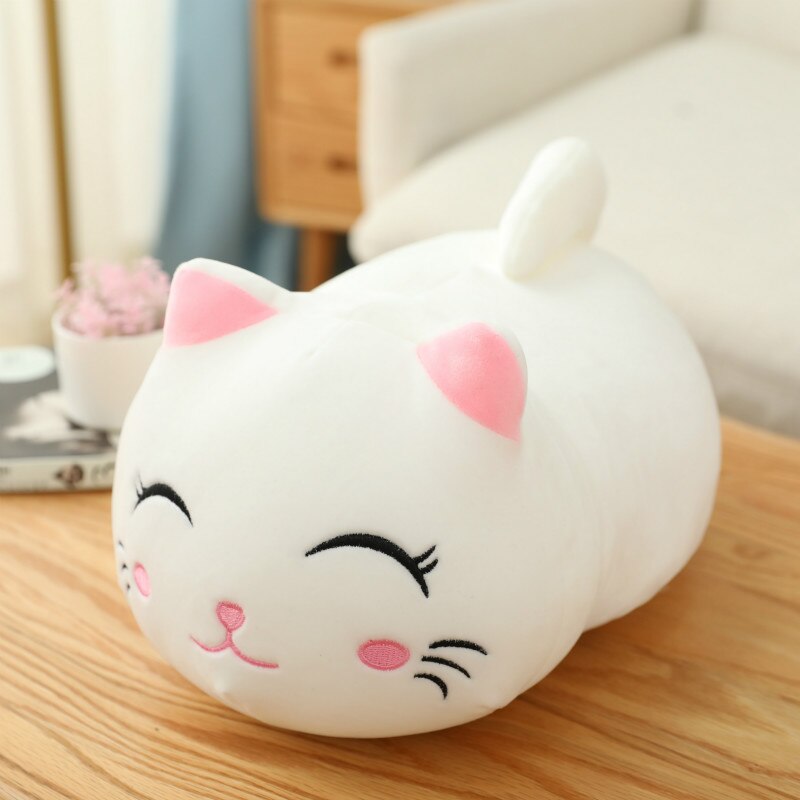 kawaii Cat Plush Pillow - 50cm, white-smile