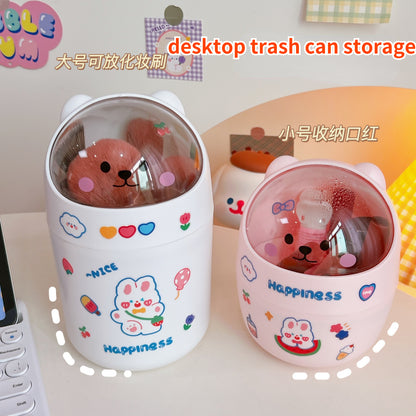 1pc Pink Mini Bear Shaped Desktop Trash Can With Lid, For Bedroom
