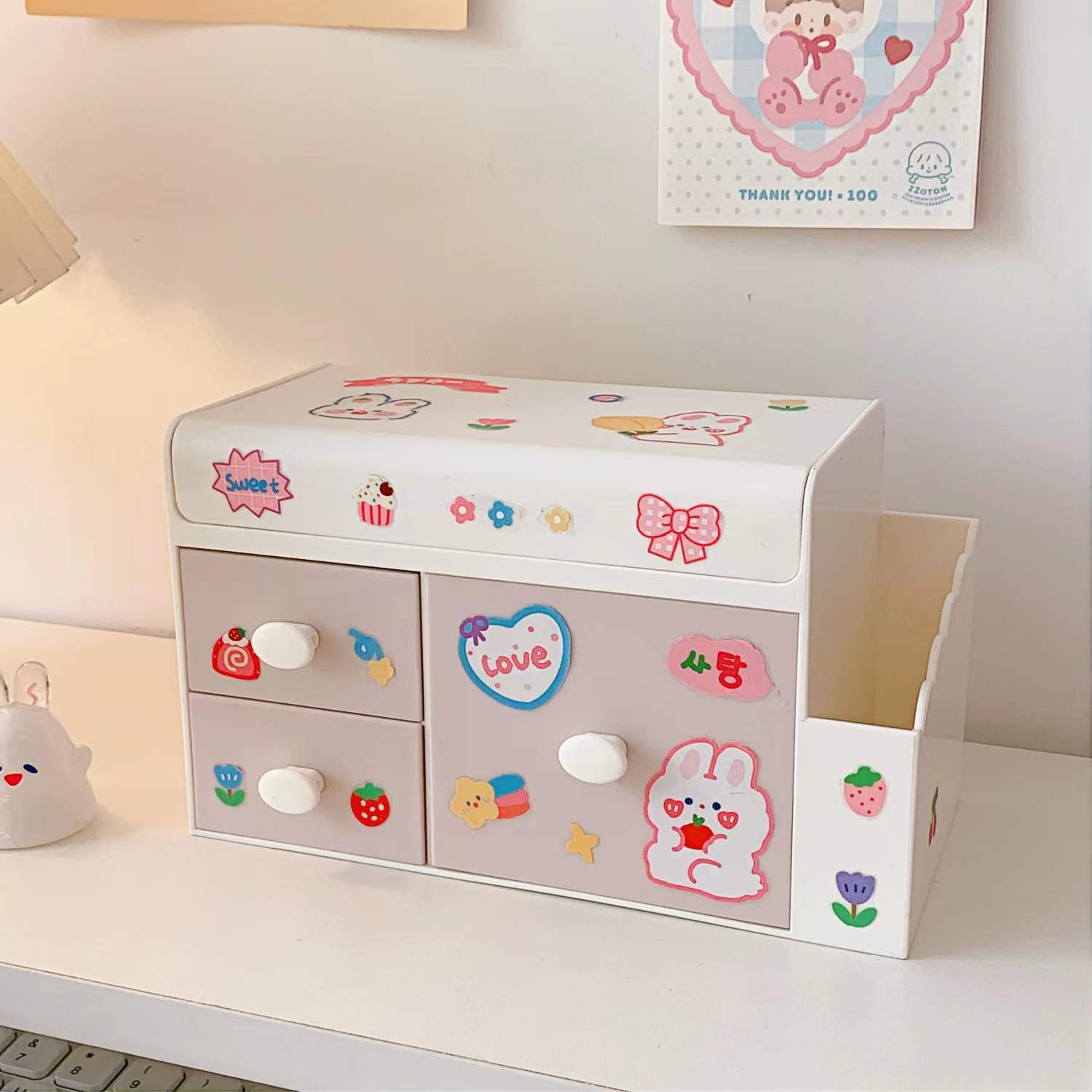 Kawaii Desktop Plastic Drawer Storage Box - Pink With Sticker
