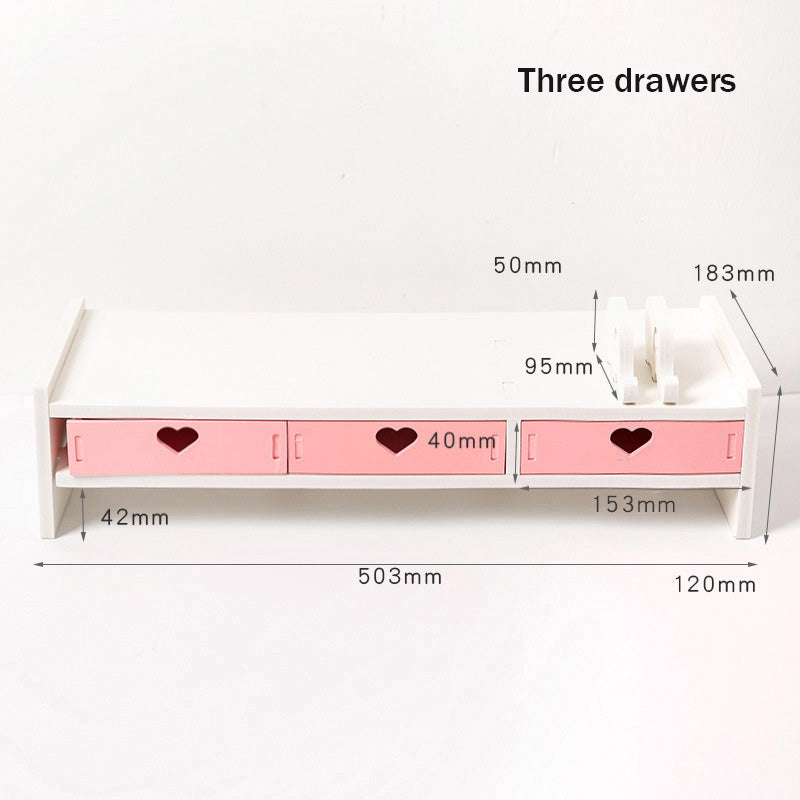 Kawaii Heart Design Desk Storage Rack Storage - Pink Three Drawers