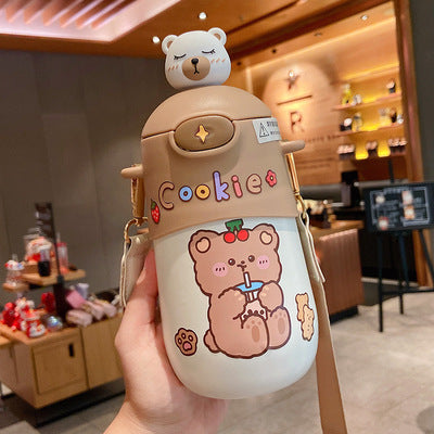 Kawaii Thermos - 500ml(16.9oz), Brown With Sticker