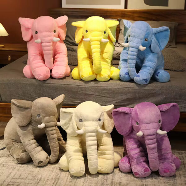 **Alt Text:** Different colors of baby elephant stuffed animals sitting in a row: blue, grey, pink, purple, and yellow.