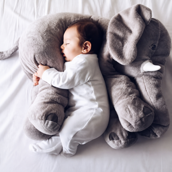 baby sleeping on grey elephant