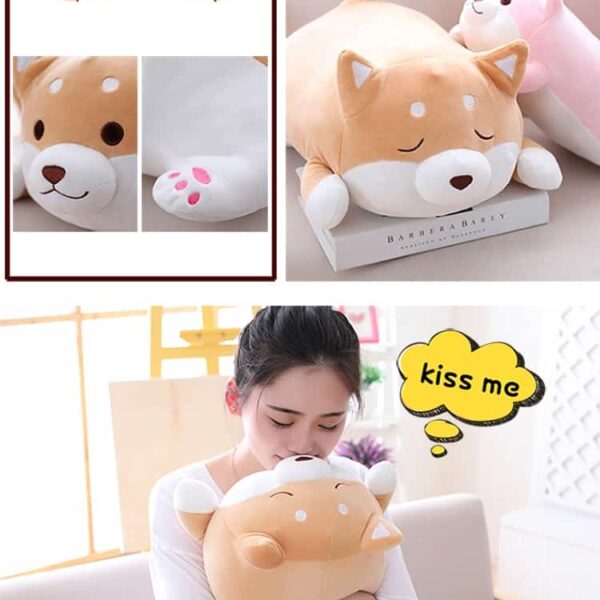 woman hugging a cute fat shiba inu plush toy