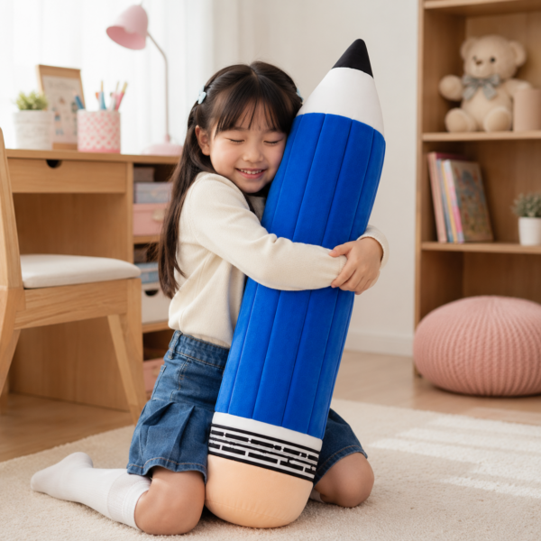 girl hugging blue pencil plush in bedroom
