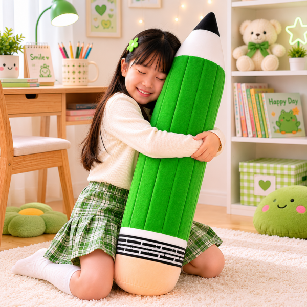 girl hugging green pencil plush in bedroom