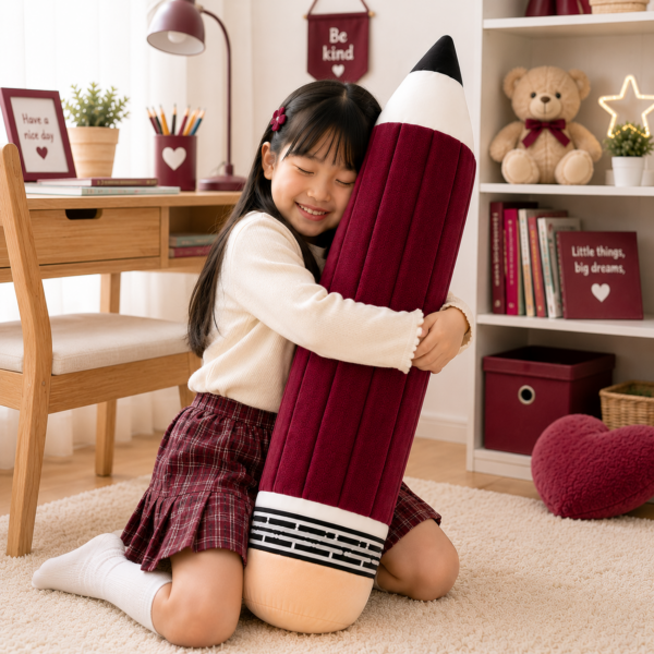 girl hugging maroon pencil plush in bedroom