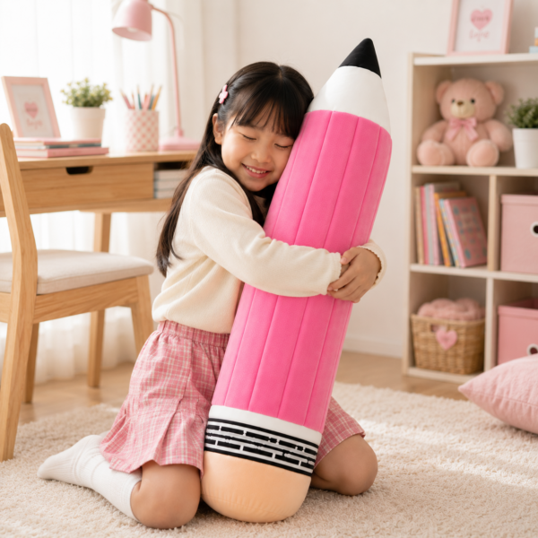 girl hugging pink pencil plush in bedroom