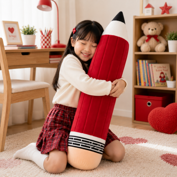 girl hugging red pencil plush in bedroom