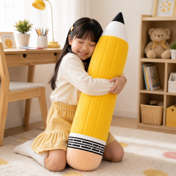 girl hugging yellow pencil plush in bedroom