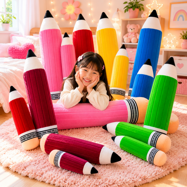 girl surrounded by colorful pencil plush circle
