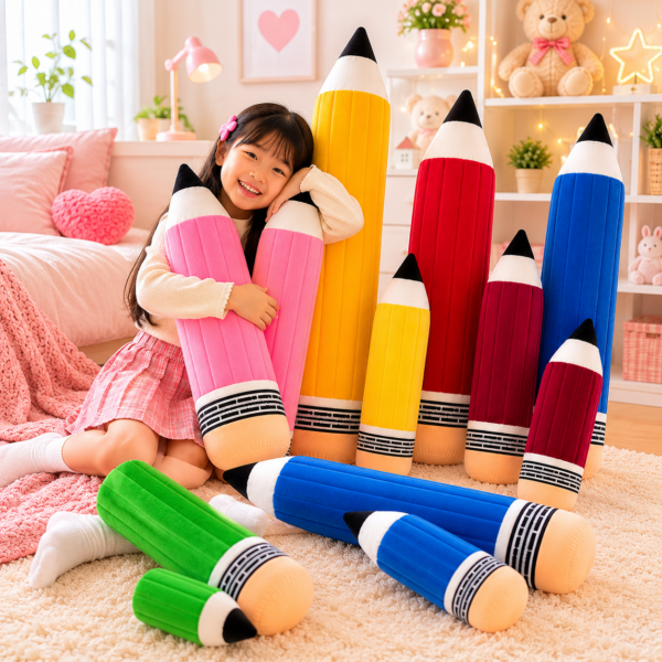 girl with pink yellow red blue pencil plush display