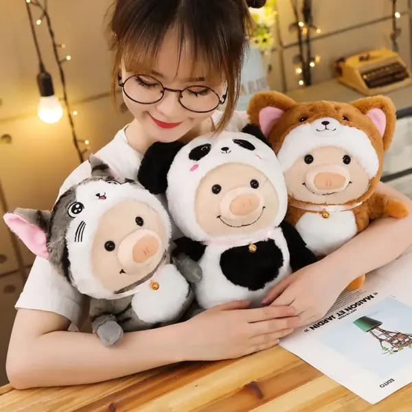 woman hugging panda cat and fox cute pig plush