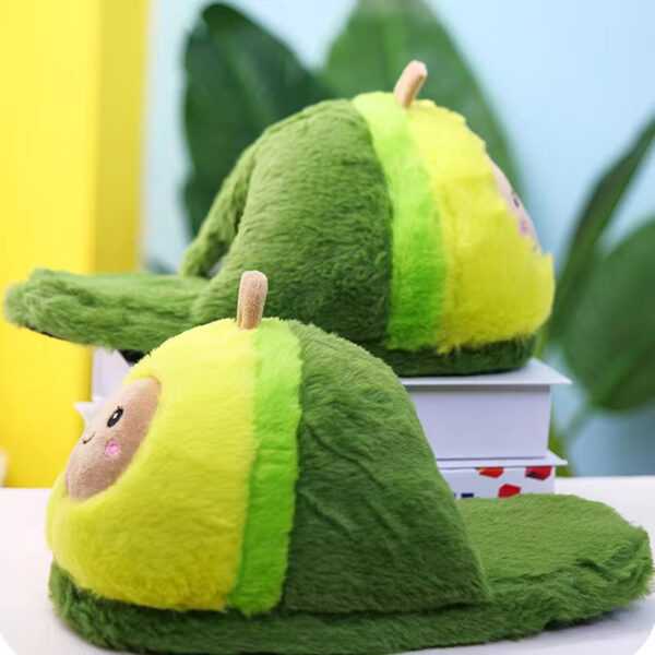 Embroidered details on kawaii avocado slippers