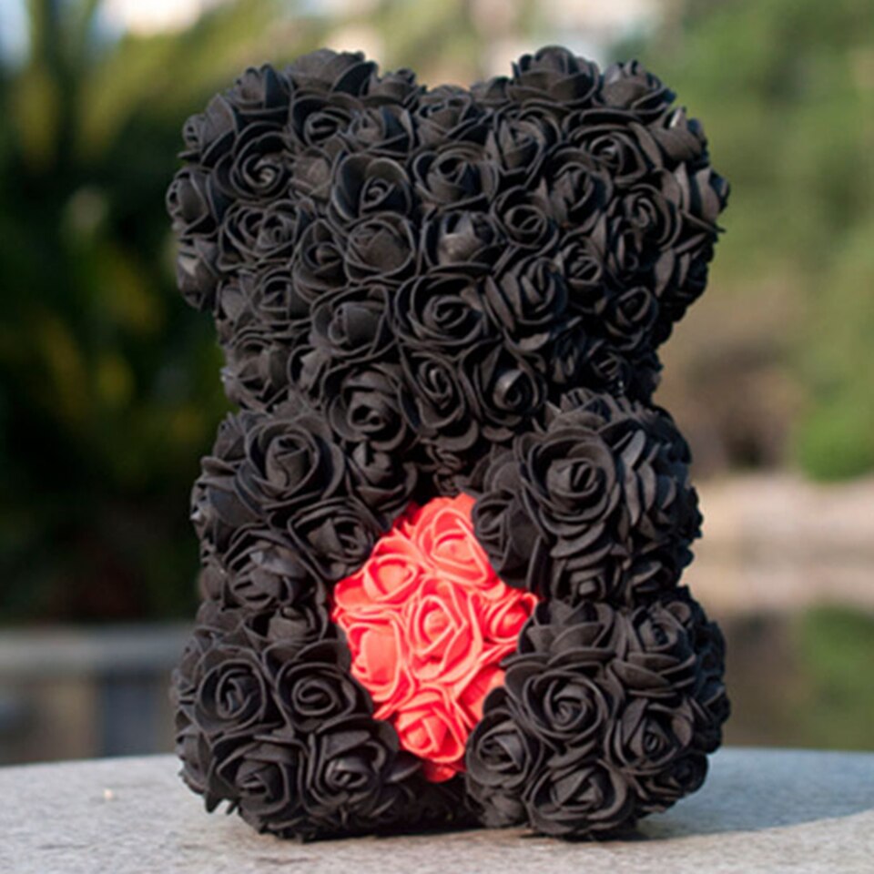 Black rose bear with heart accent — gothic romantic gift