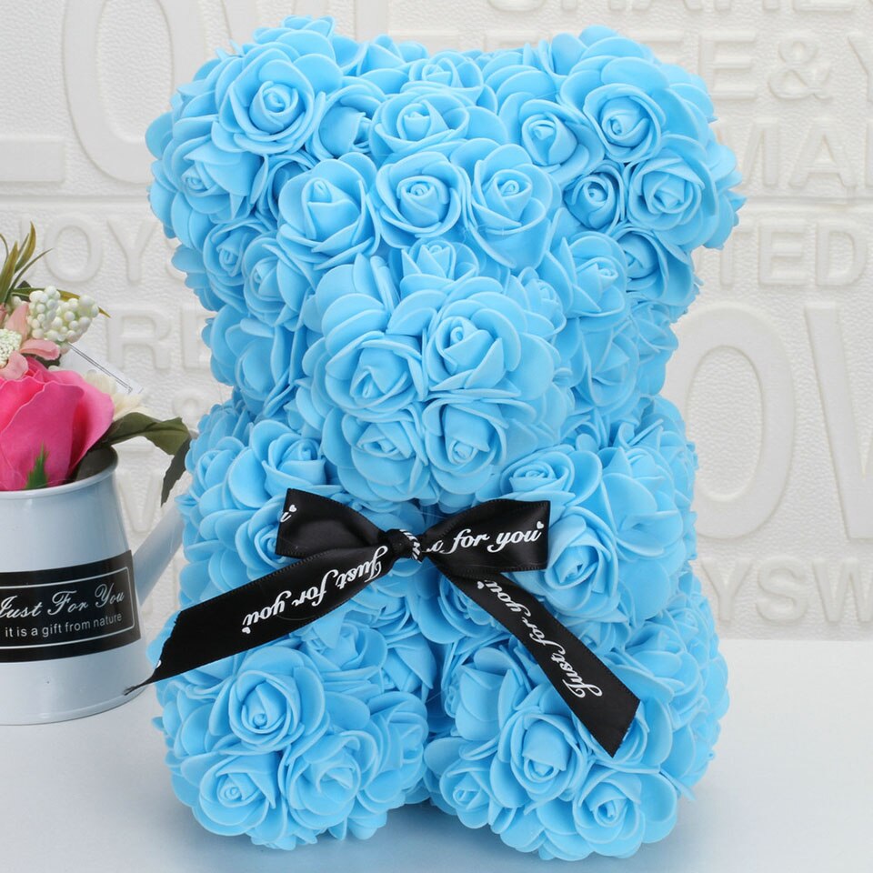 Blue rose teddy bear — unique blue flower bear gift