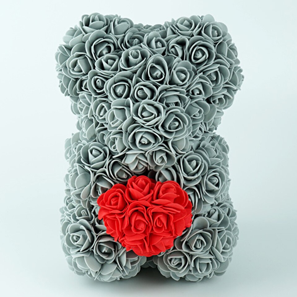 Gray rose bear with heart — understated romantic gift