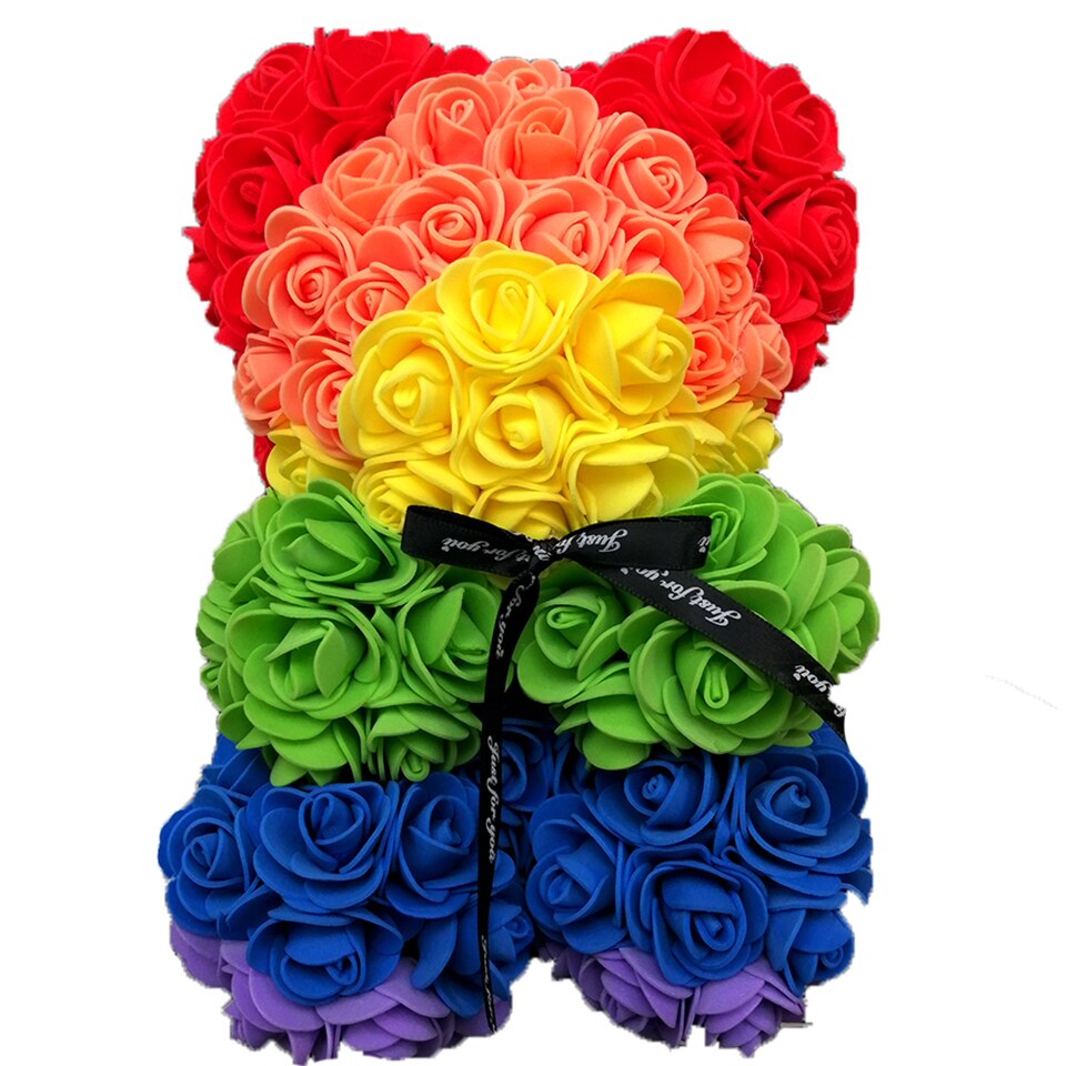 Rainbow rose teddy bear — colourful multicolour flower bear for kids