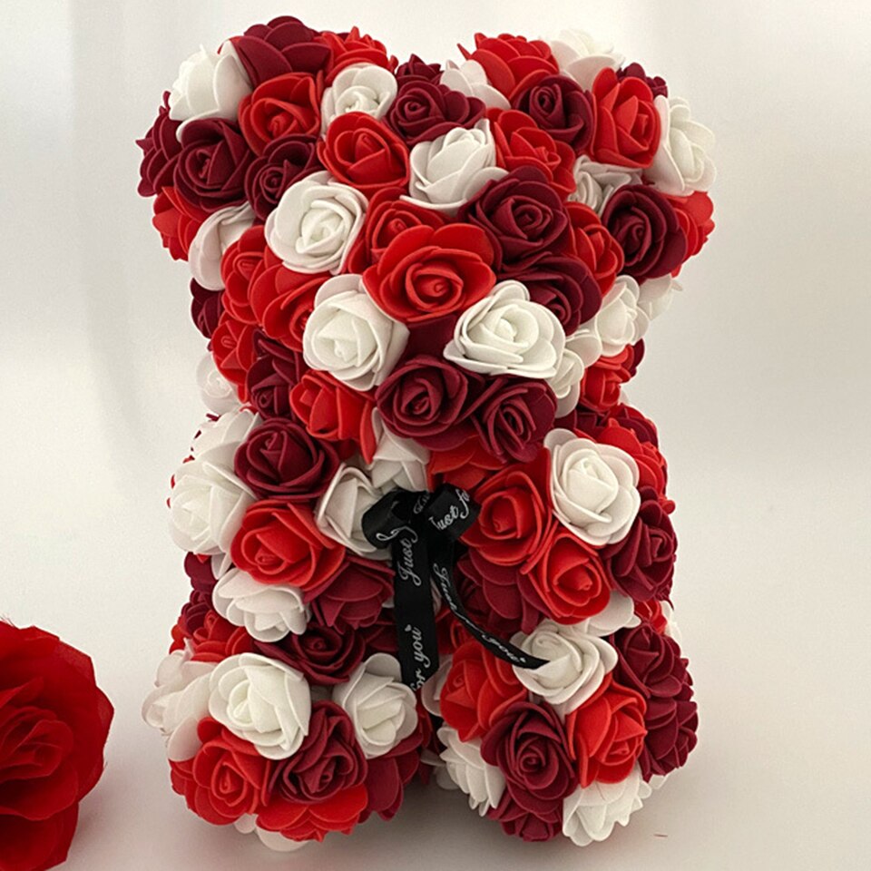 Red and white rose teddy bear — bold classic gift