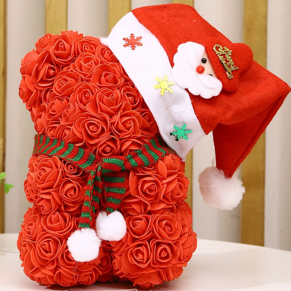 Red Christmas rose bear gift — festive holiday flower bear