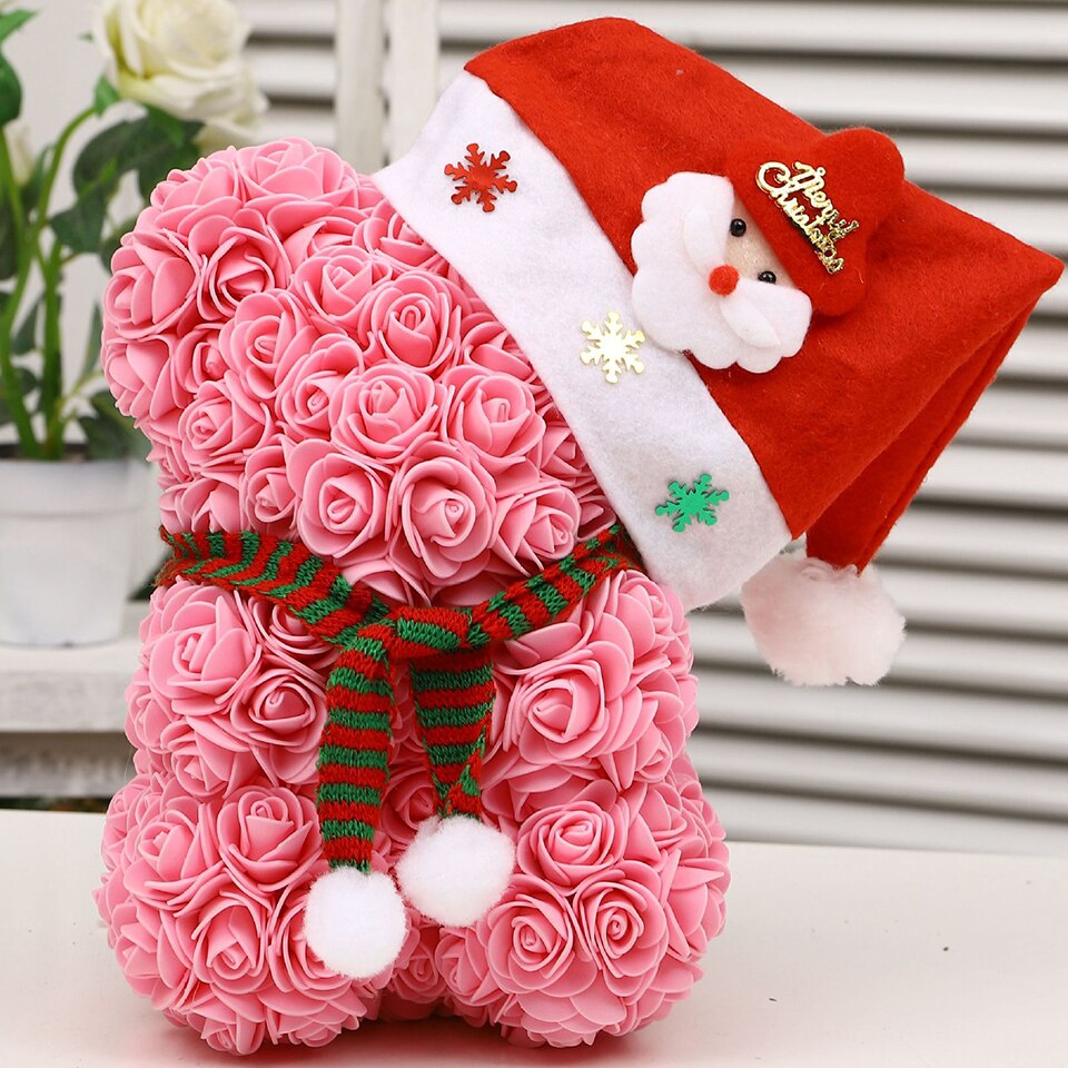 Rose pink Christmas rose teddy bear — pretty festive gift