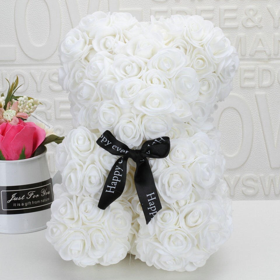 White rose teddy bear — pure white flower bear gift for new beginnings
