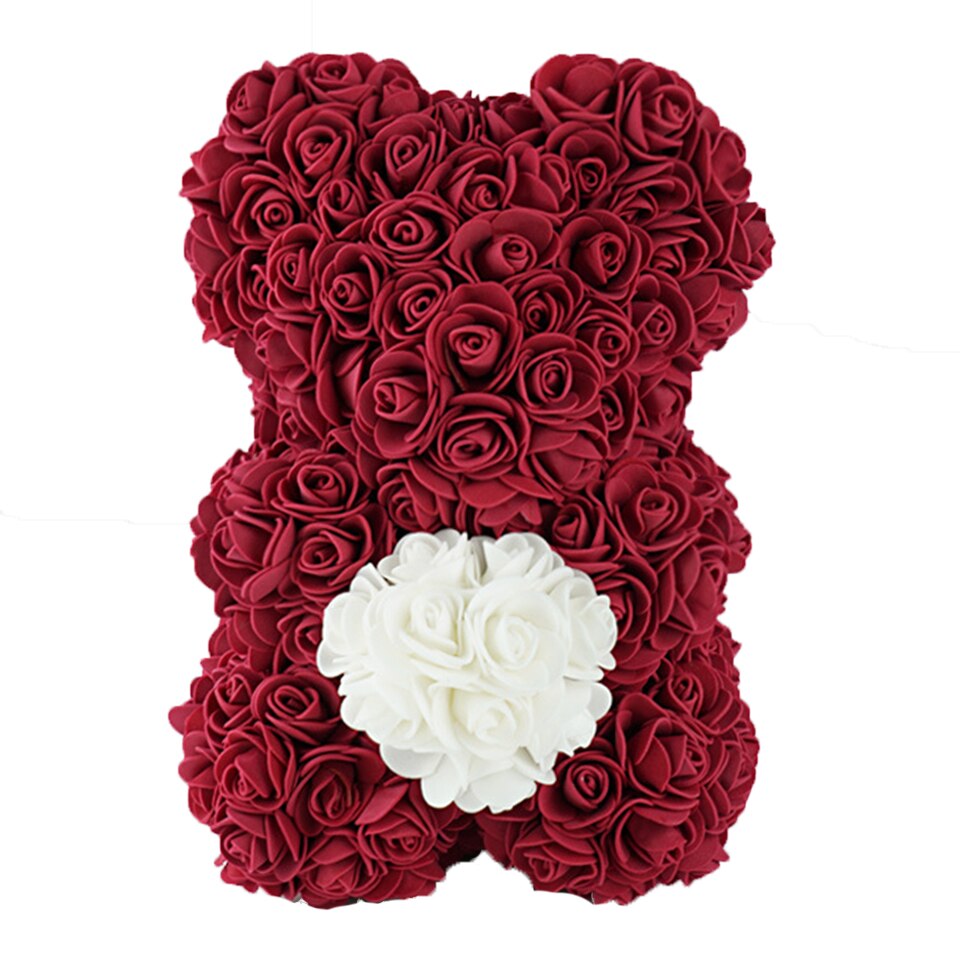 Wine red rose bear with heart — deep love gift