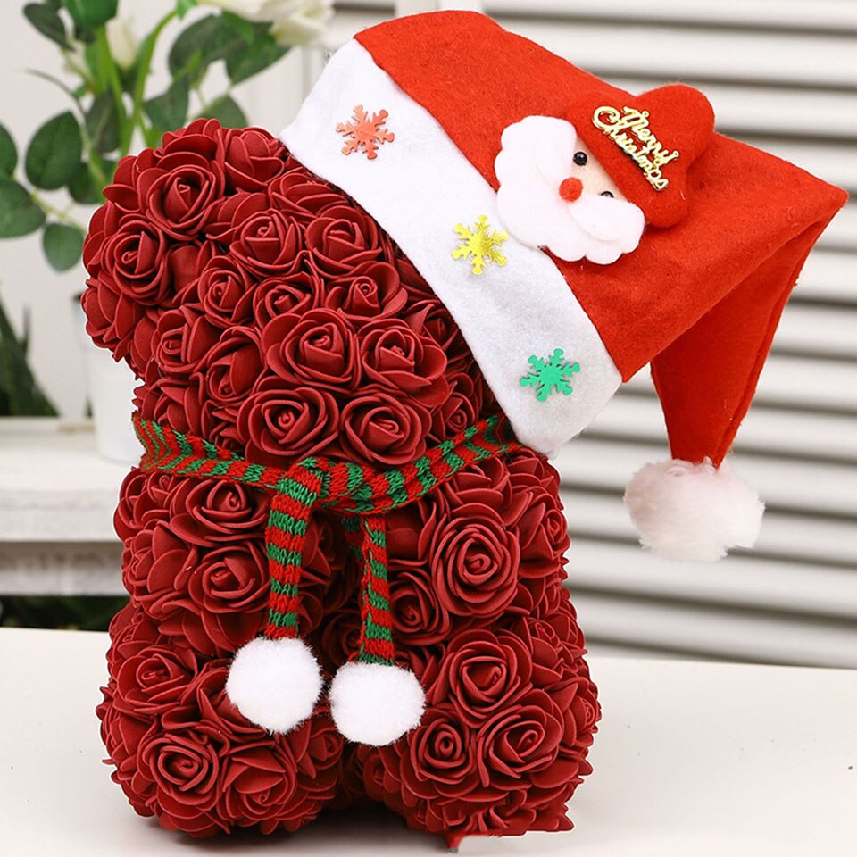 Wine red Christmas rose teddy bear — elegant festive gift
