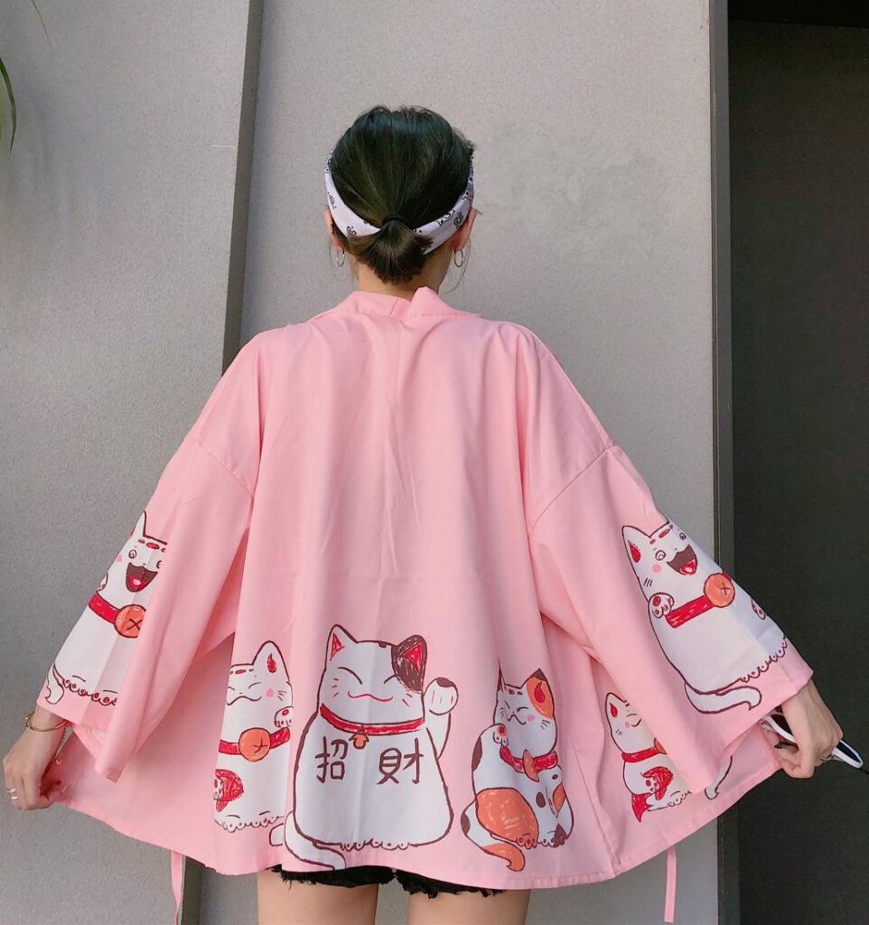 Kawaii Japanese-style kimono cardigan with cat print
