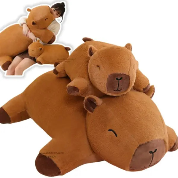 Two giant capybara plush toys in different sizes, one resting on top of the other, with a person holding one in an inset image.