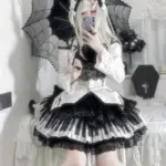 Gothic Lolita Piano Key Wave Dot Lace Skirt