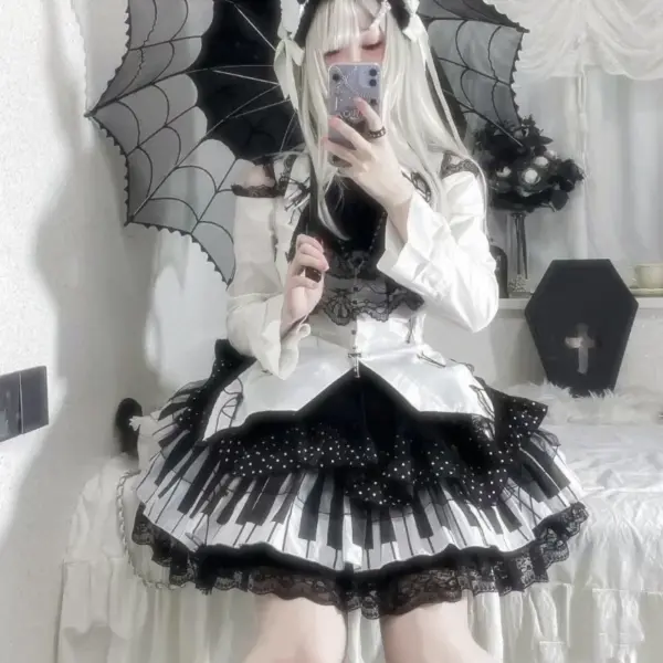 Dynamic angle view of the Gothic Lolita skirt highlighting its detailed lace pattern and piano key wave design.